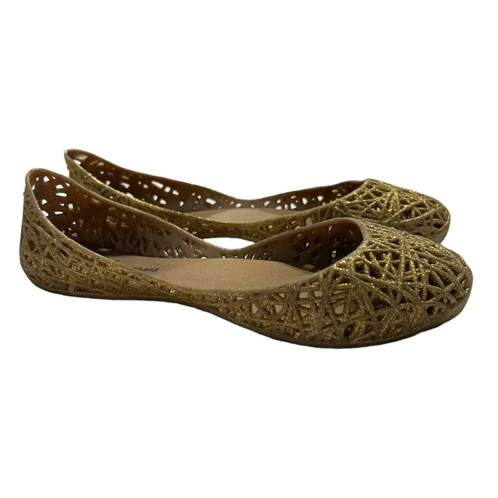 Mel Dreamed By Melissa + Campana Sz 2 Gold Glitter Zig Zag Flats